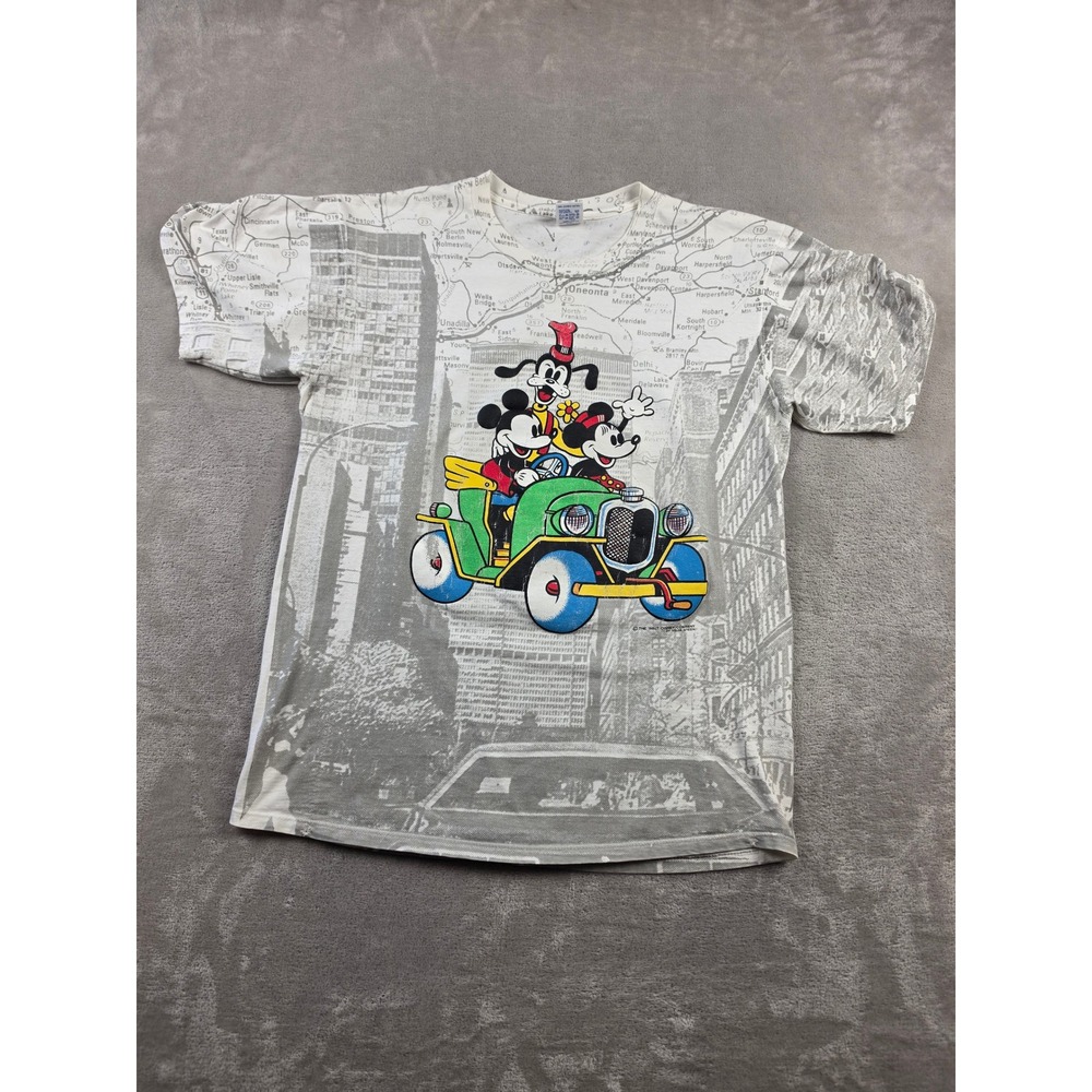 Vintage Jerzees Disney Shirt Adult XL Fit L Mickey Goofy Map All Over Print USA